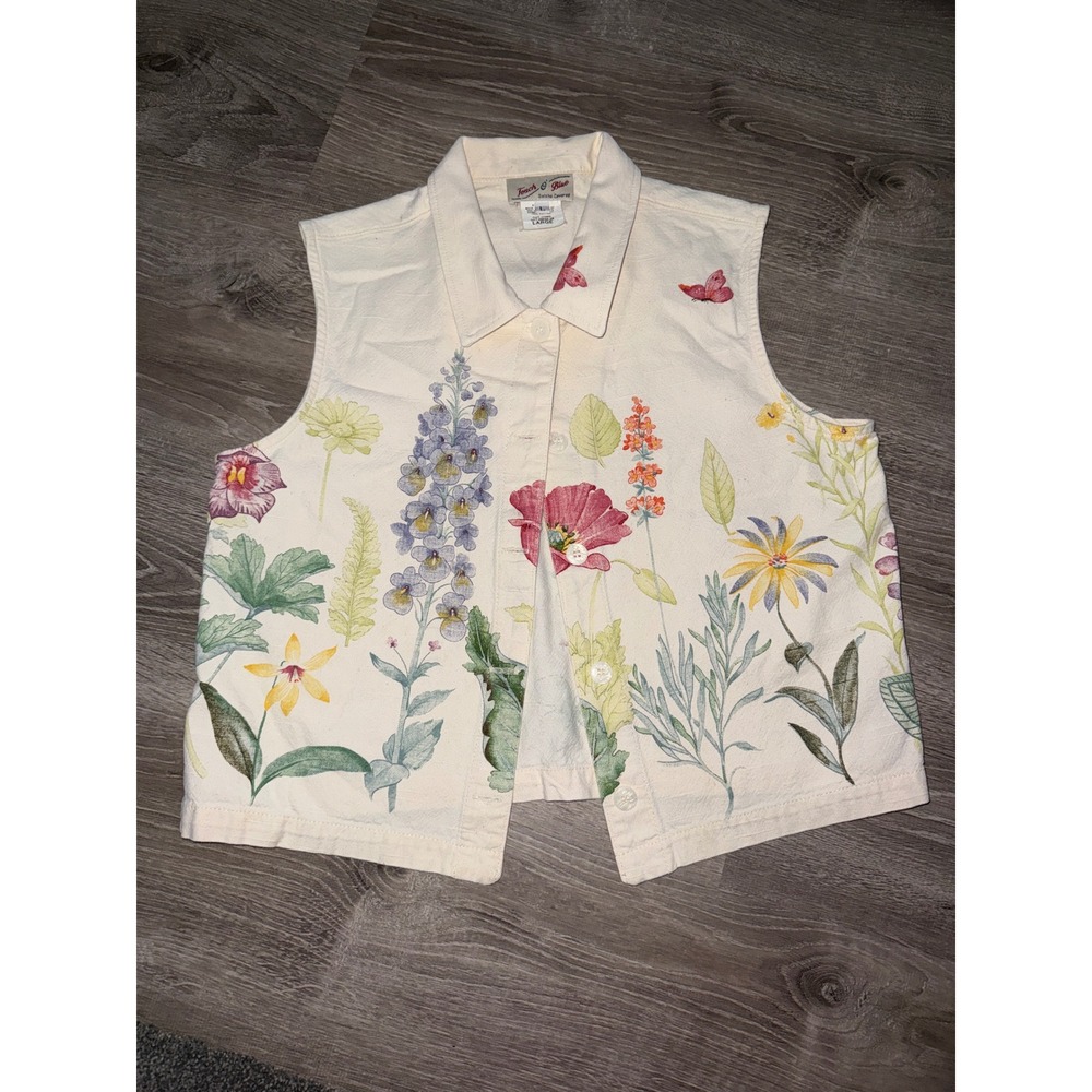 Touch O Blue Vintage Floral Botanical Garden Print Cotton Button Up Vest‎ Large